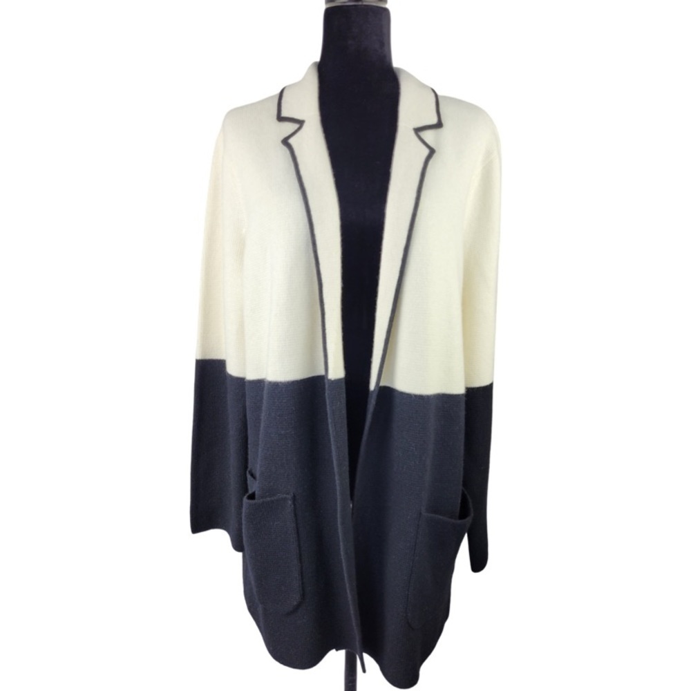 ✅NWT Talbots long Thick Black Cream Open Front Wool Blend Cardigan ivory black L